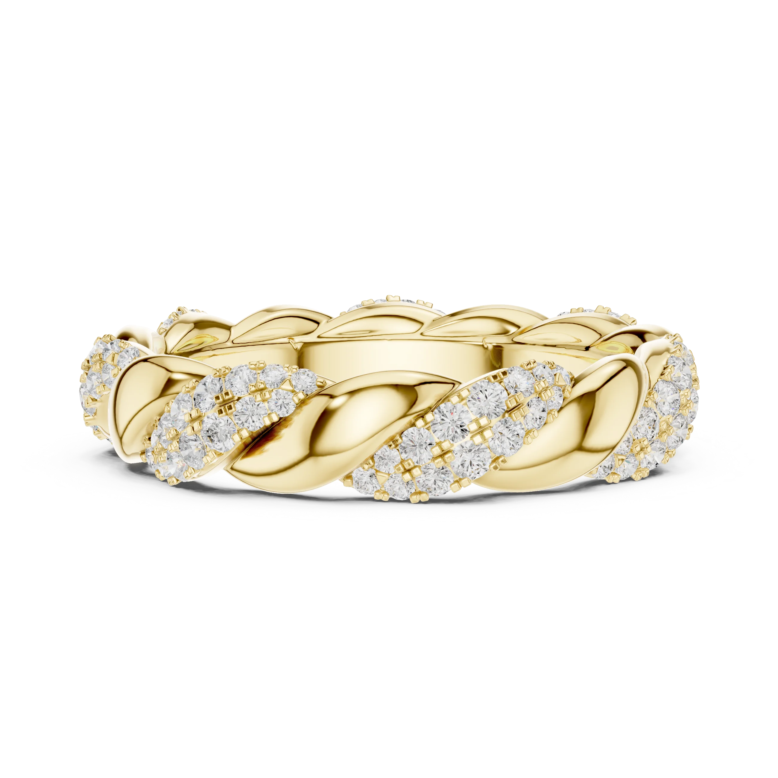 Side profile of yellow gold eternity band highlighting twisted rope pattern and pavé diamond setting