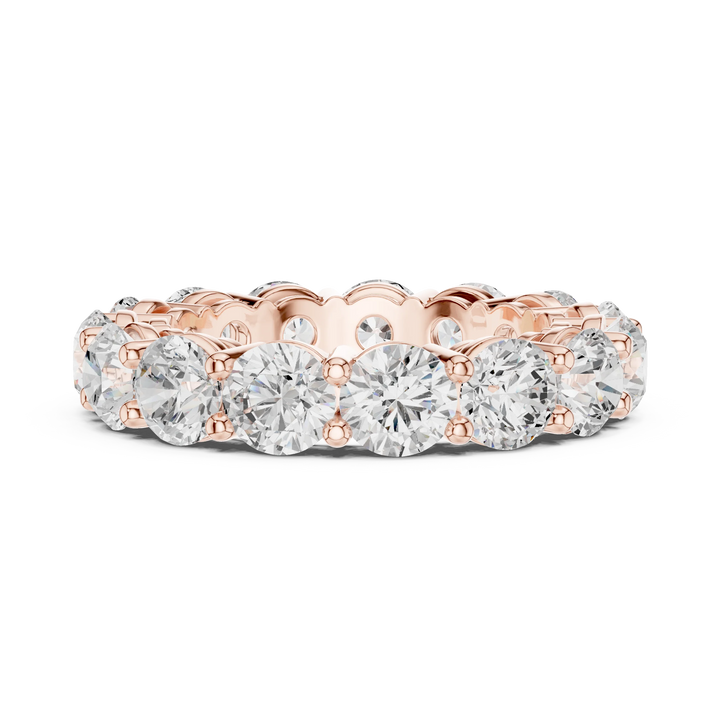 Side view of rose gold eternity band highlighting round diamond setting and band profile
