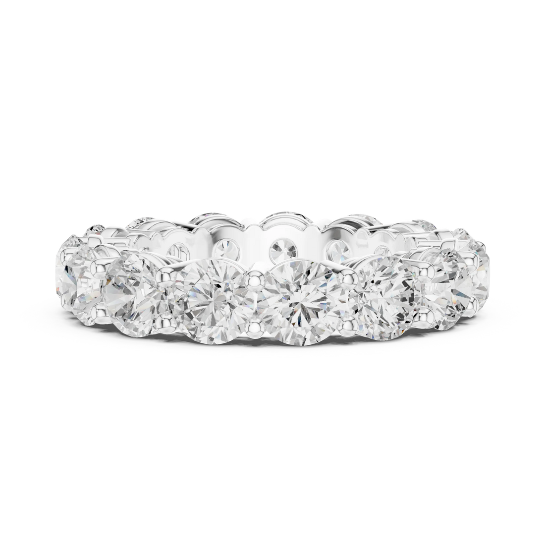 Side view of white gold eternity band highlighting round diamond setting and band profile