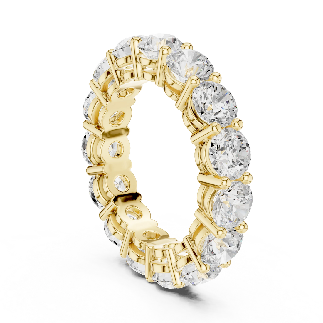 Back view of yellow gold eternity band with round lab-grown diamonds and seamless design