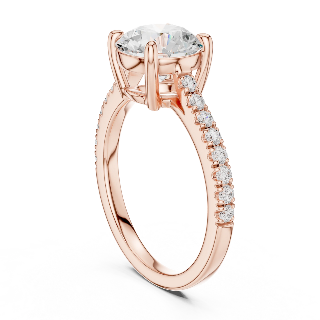Back side view of rose gold round diamond pavé band ring showing band and setting details