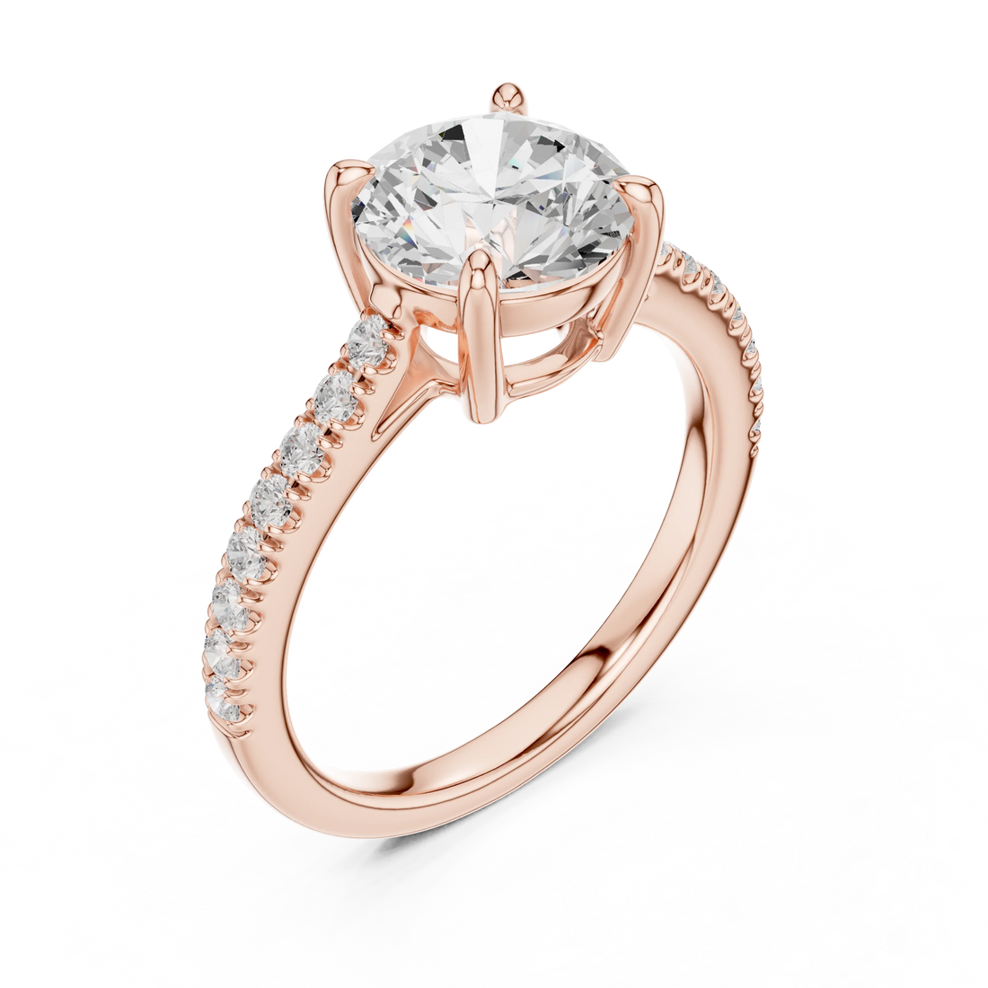 Front view of rose gold round diamond pavé band ring