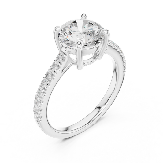 Front view of white gold round diamond pavé band ring