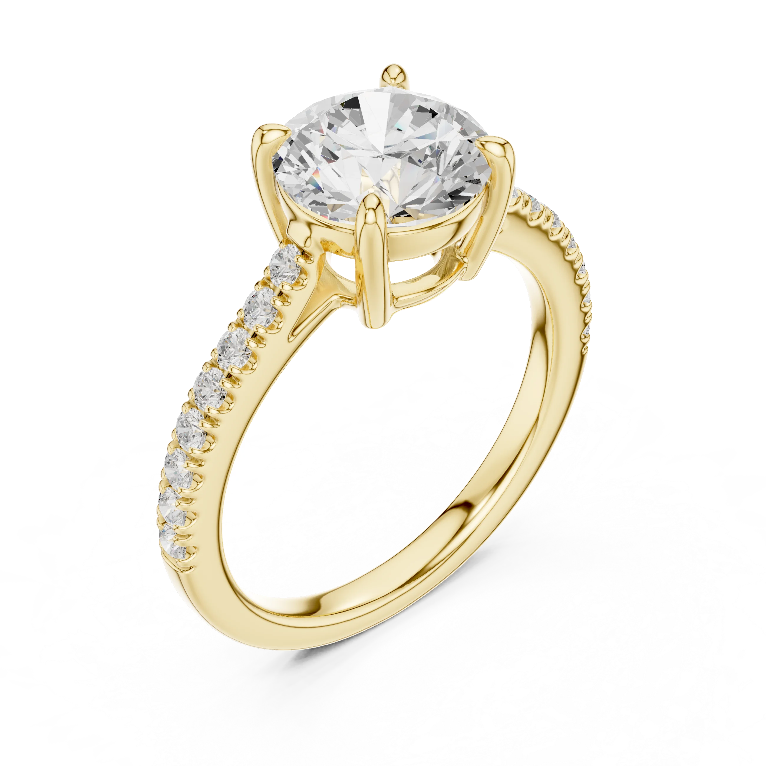 Front view of yellow gold round diamond pavé band ring