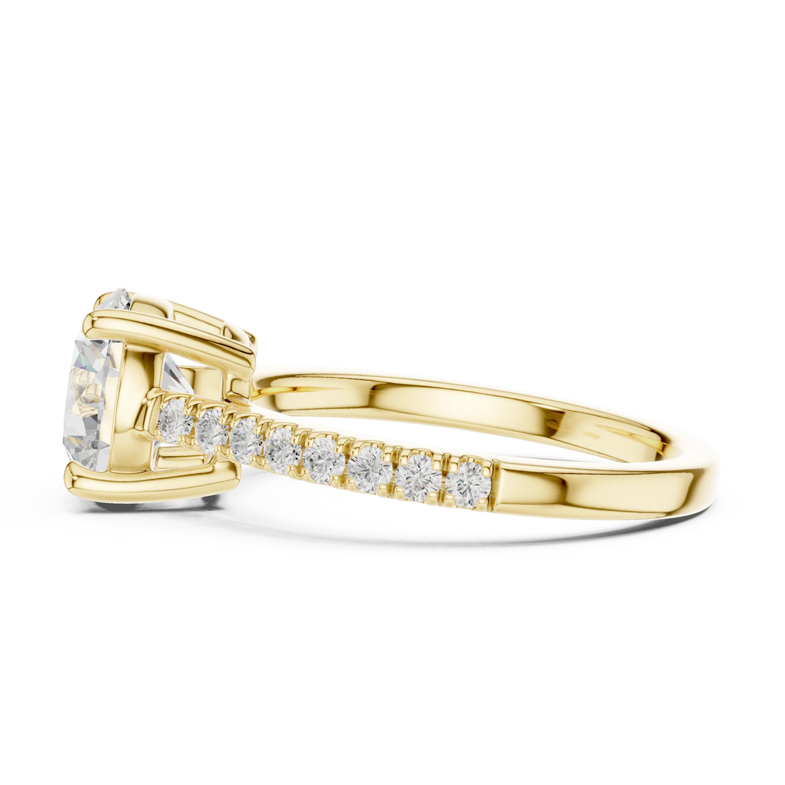 Side view of yellow gold round diamond pavé band ring with detailed band setting