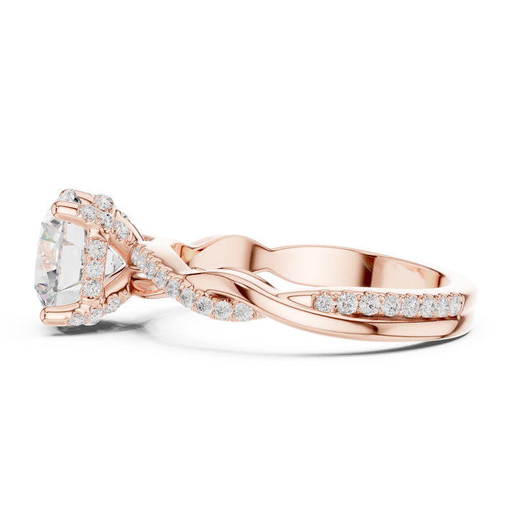 Side view of rose gold round diamond ring with twisted vine pave band and lab-grown diamond – Australia