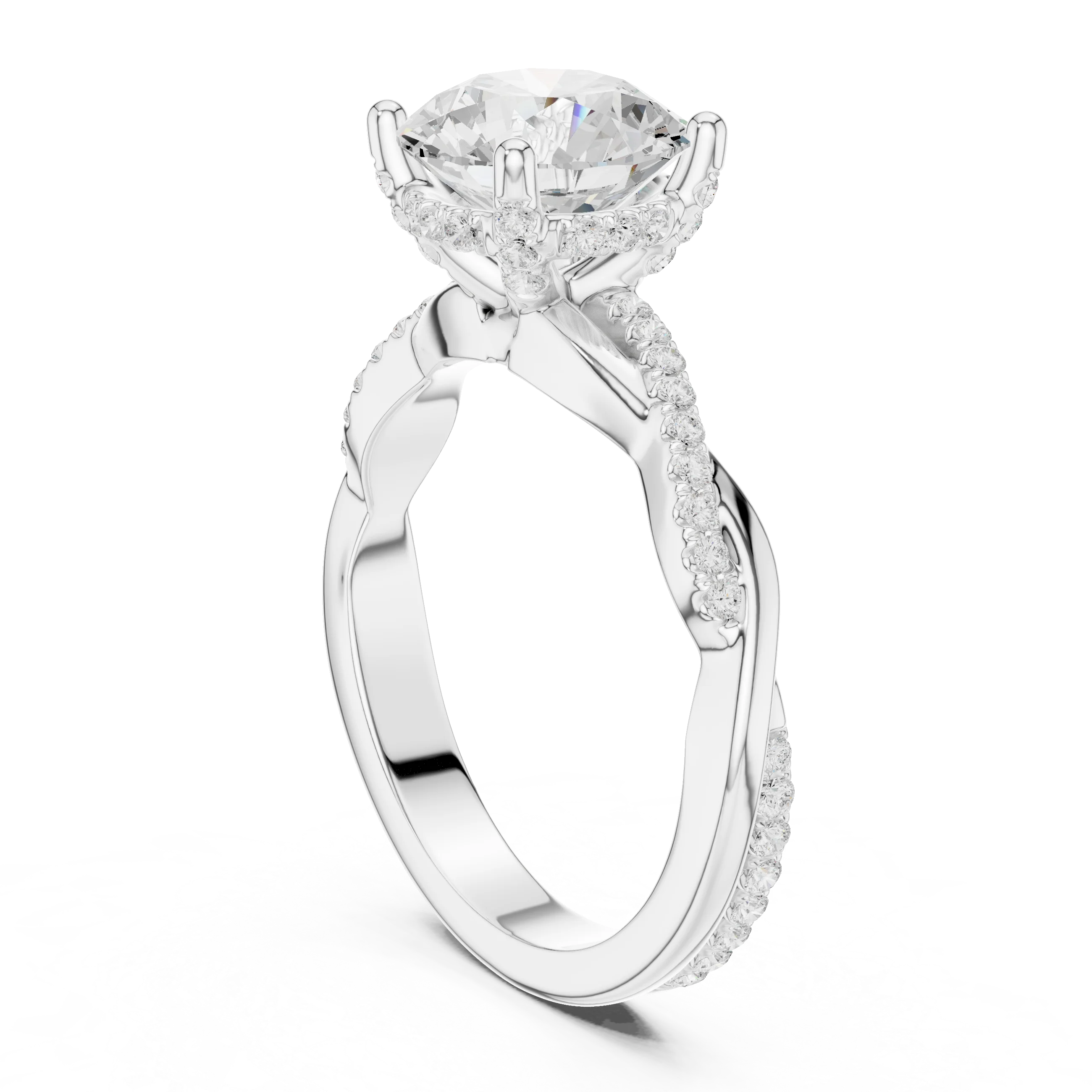 Back view of white gold round diamond ring with twisted vine pave band and lab-grown diamond – Australia