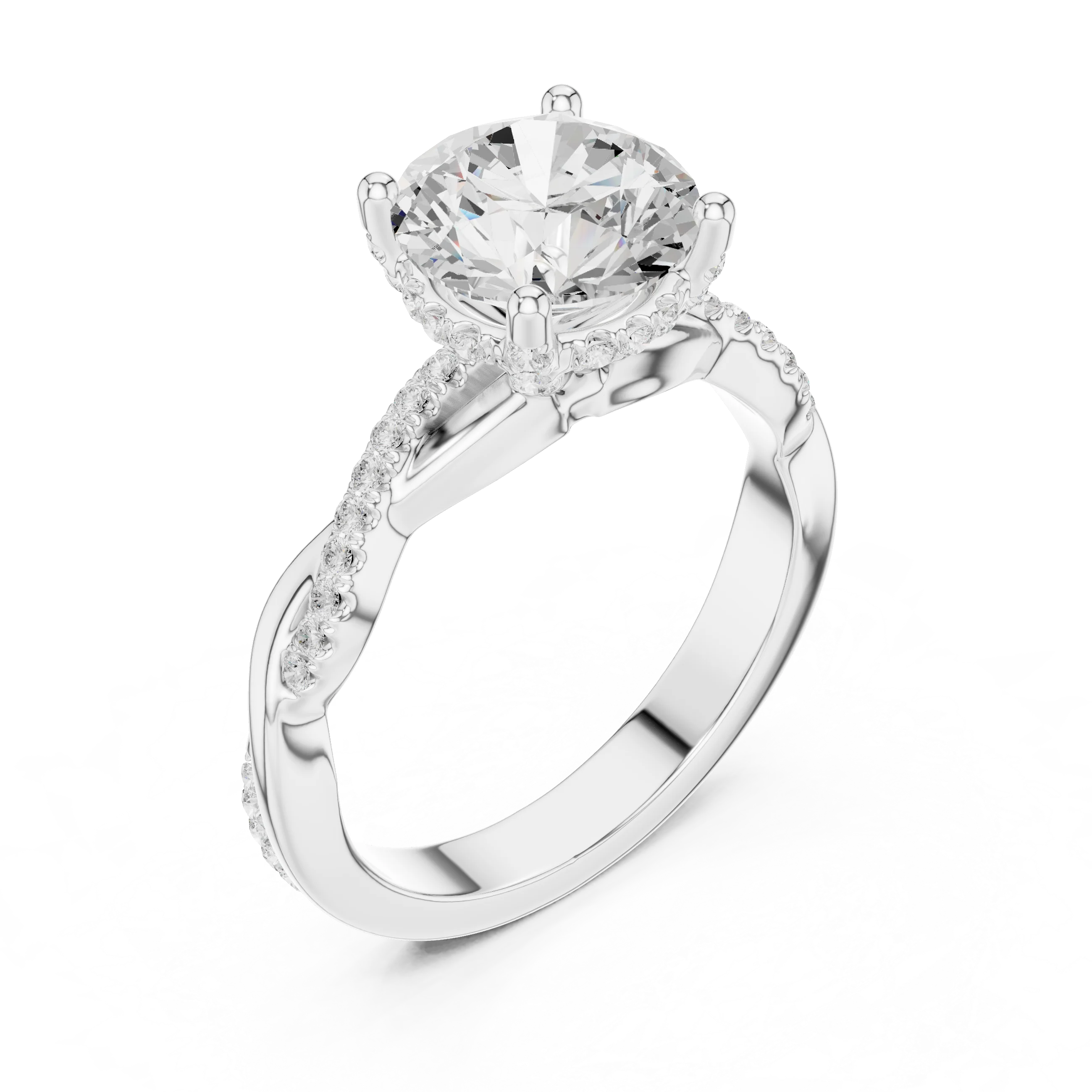 Front view of white gold round diamond ring with twisted vine pave band and lab-grown diamond – Australia
