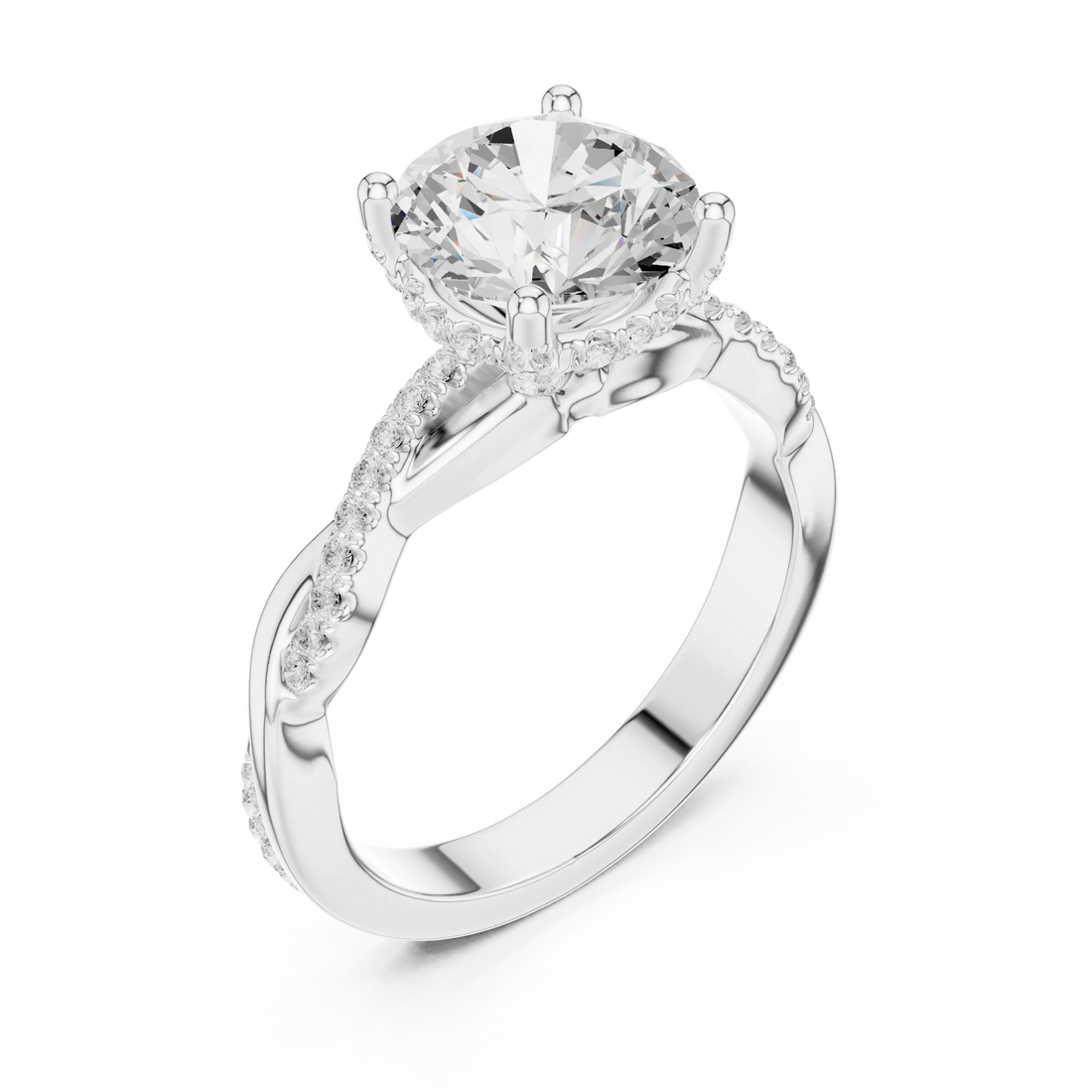 Front view of white gold round diamond ring with twisted vine pave band and lab-grown diamond – Australia