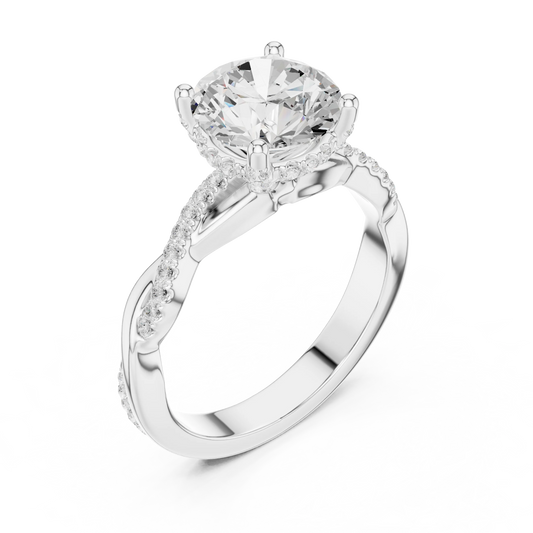 Front view of white gold round diamond ring with twisted vine pave band and lab-grown diamond – Australia