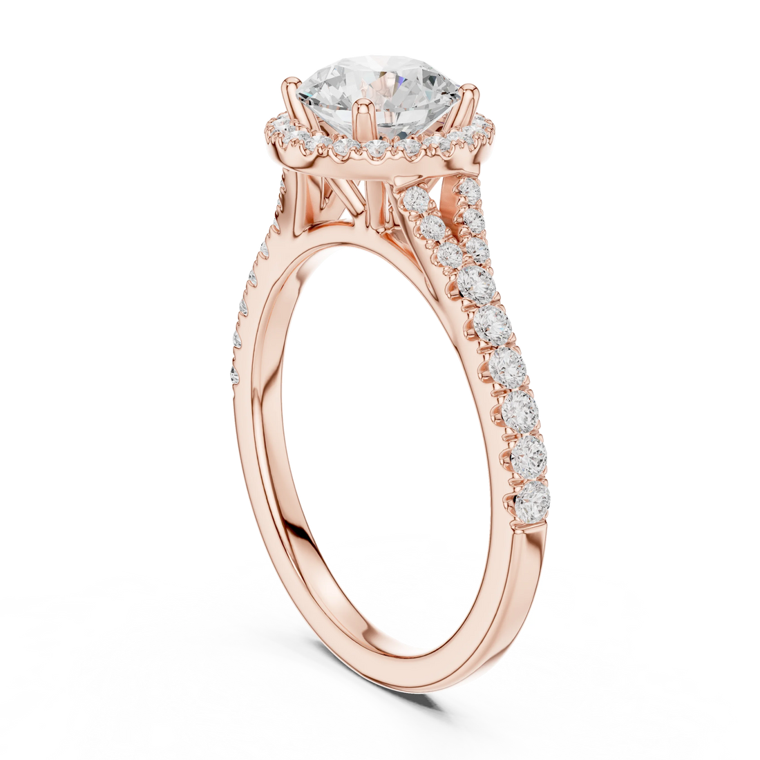 Back side view of rose gold round halo ring showing pavé split shank band and setting details