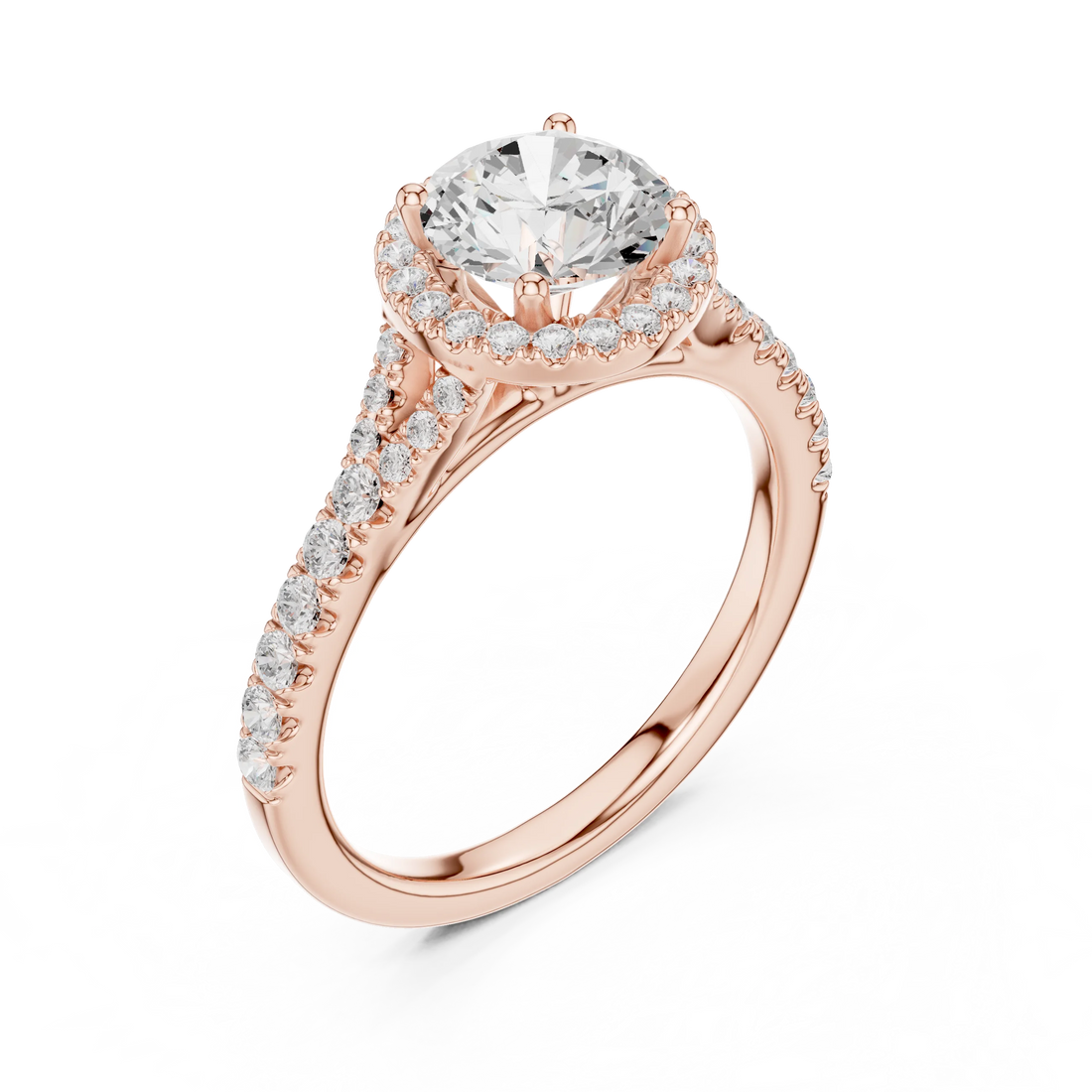 Front view of rose gold round halo ring with pavé split shank band and center diamond