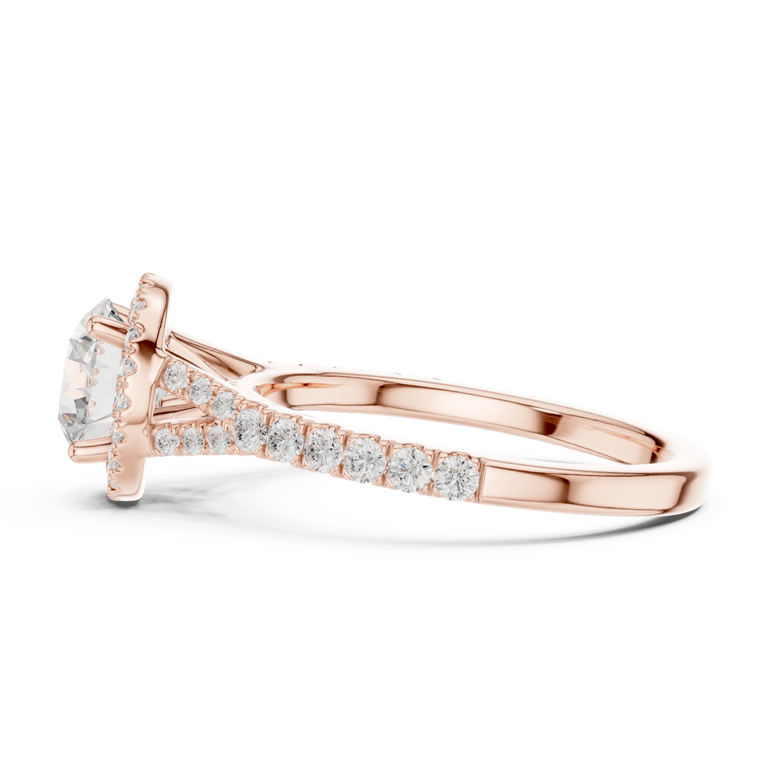 Side profile of rose gold round halo ring with pavé split shank band and elevated halo setting