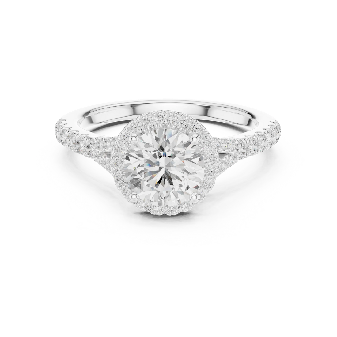 Lab-grown round halo diamond ring in white gold with pavé split shank band