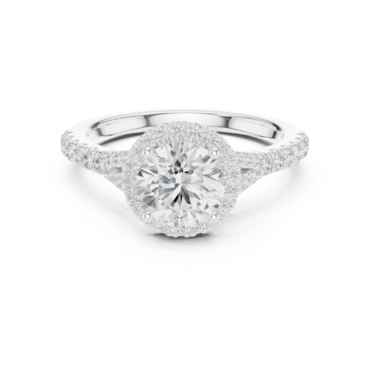 Lab-grown round halo diamond ring in white gold with pavé split shank band