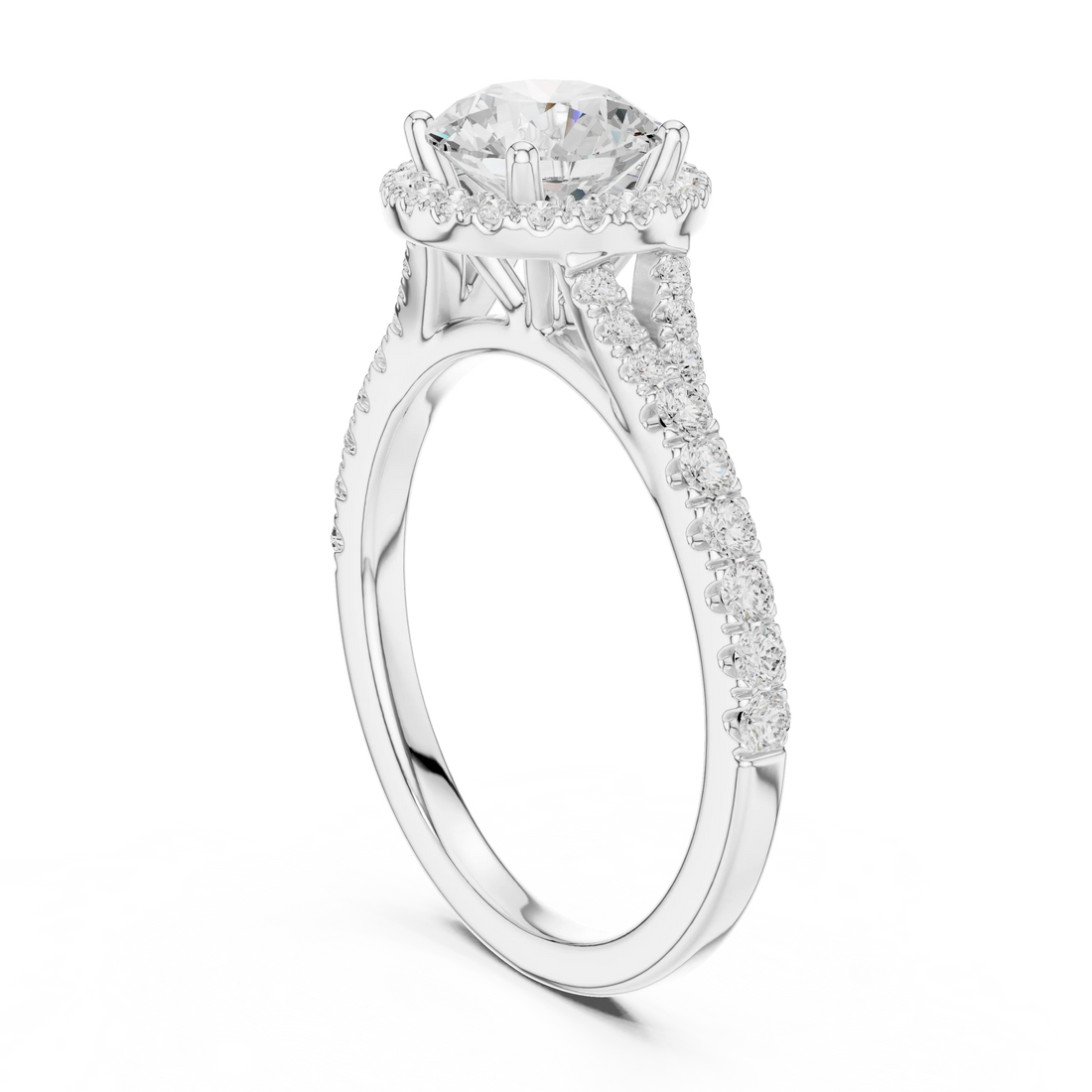 Back side view of white gold round halo ring showing pavé split shank band and setting details