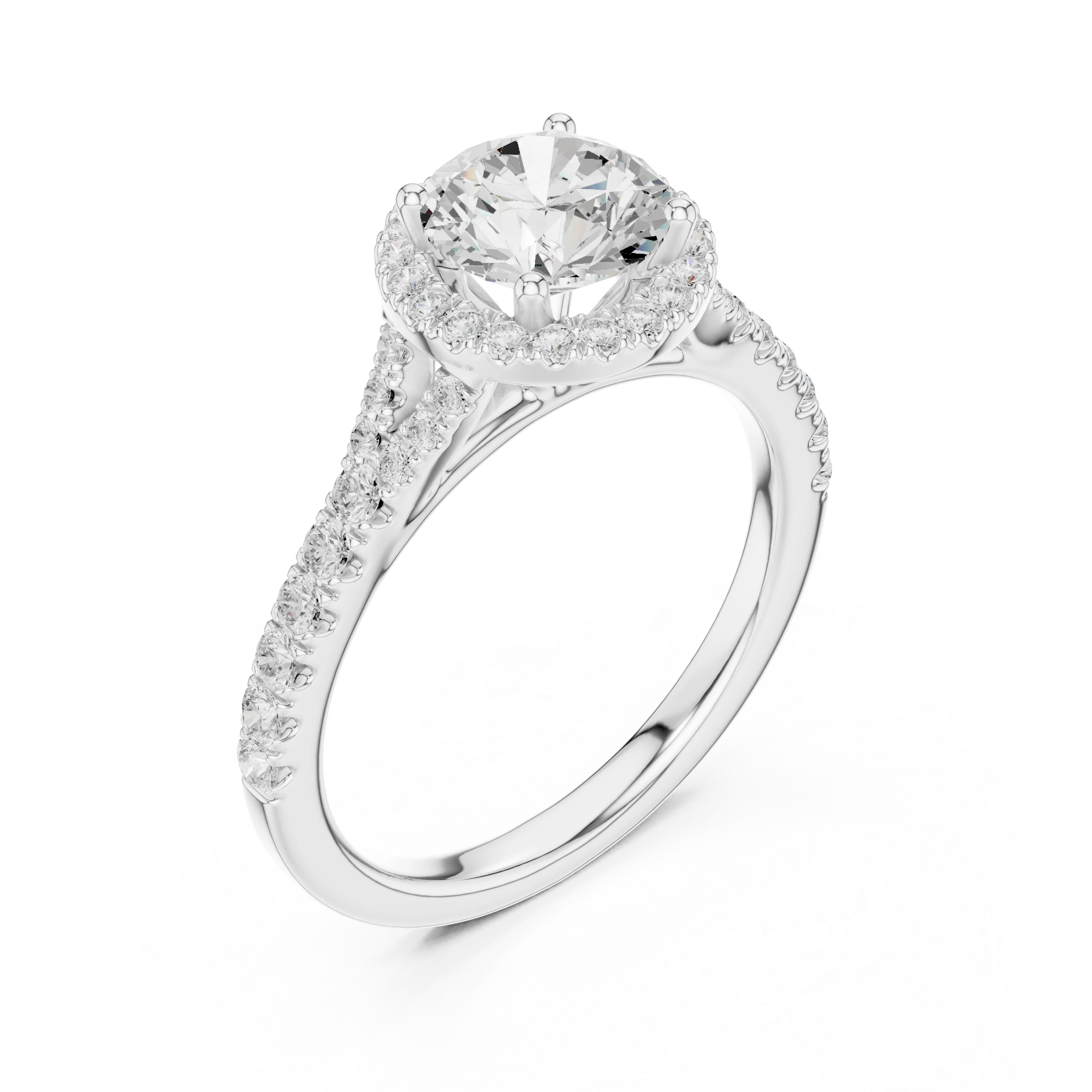 Front view of white gold round halo ring with pavé split shank band and center diamond