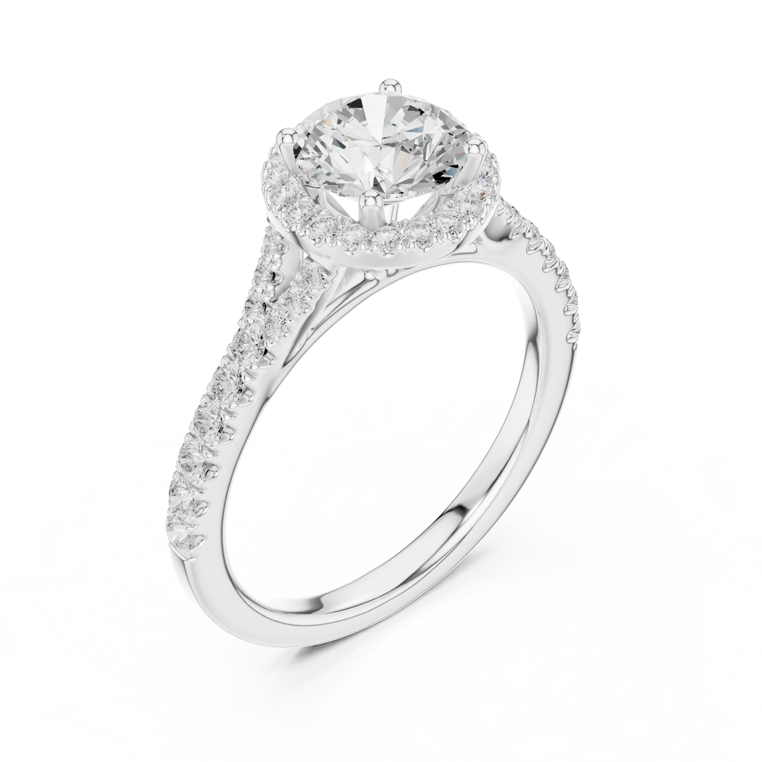 Front view of white gold round halo ring with pavé split shank band and center diamond