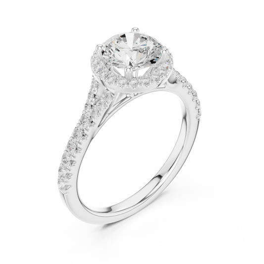 Front view of white gold round halo ring with pavé split shank band and center diamond