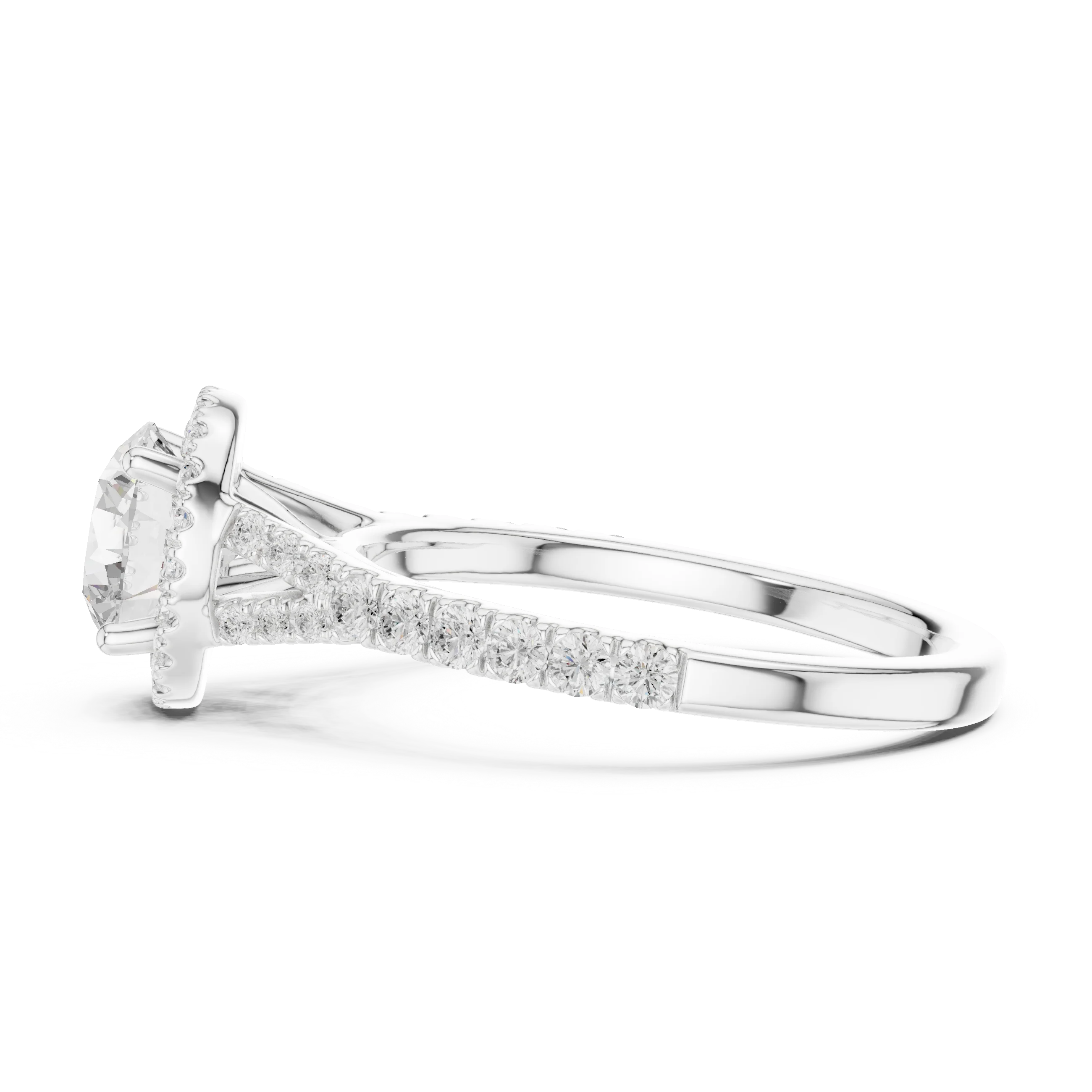Side view of white gold round halo ring with pavé split shank band and elevated halo setting