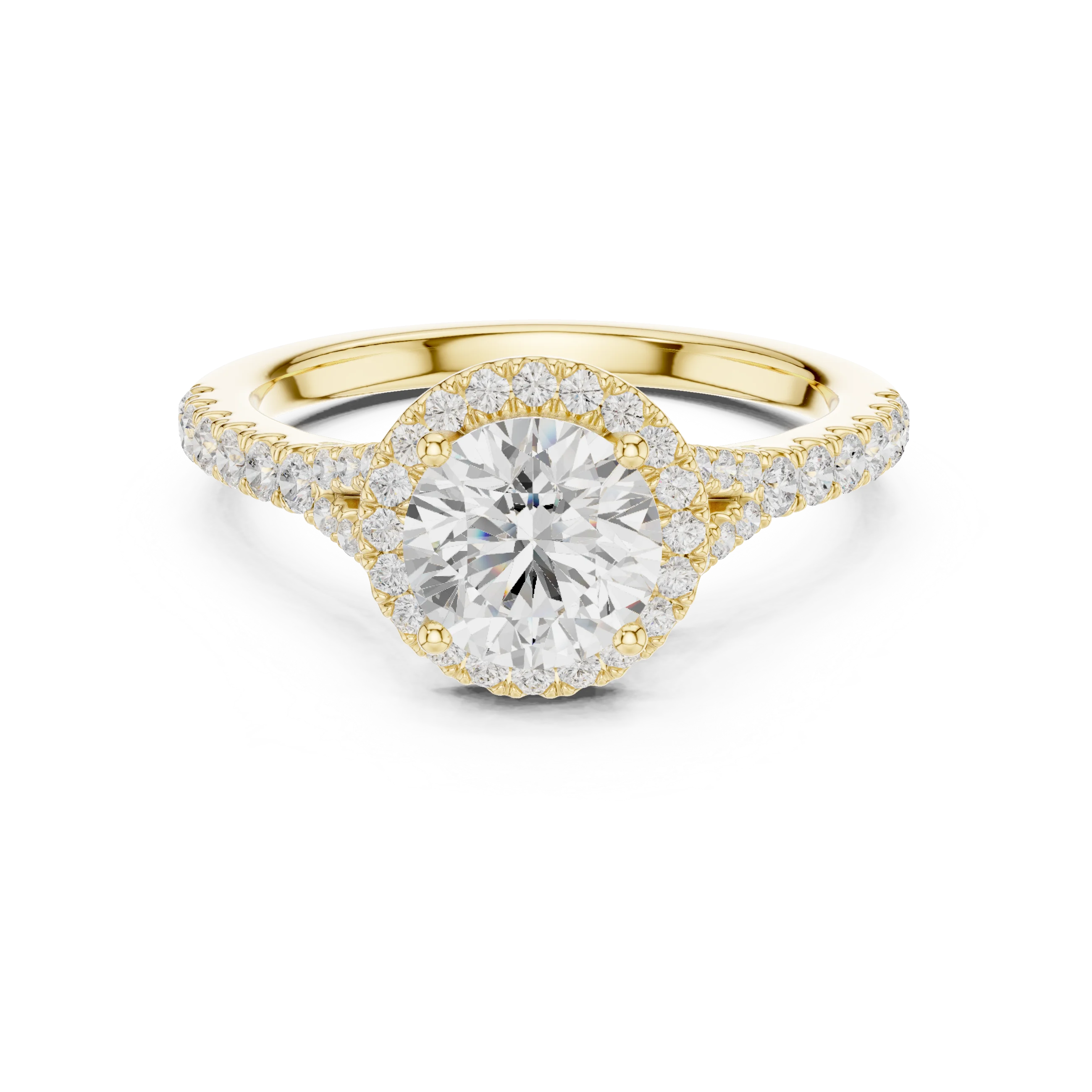 Lab-grown round halo diamond ring in yellow gold with pavé split shank band
