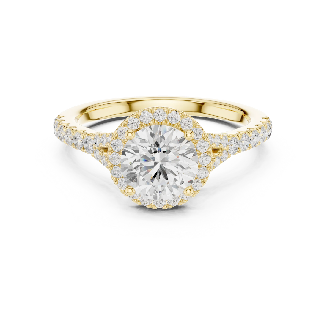 Lab-grown round halo diamond ring in yellow gold with pavé split shank band
