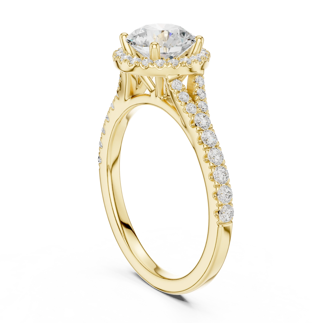 Back side view of yellow gold round halo ring showing pavé split shank band and setting structure