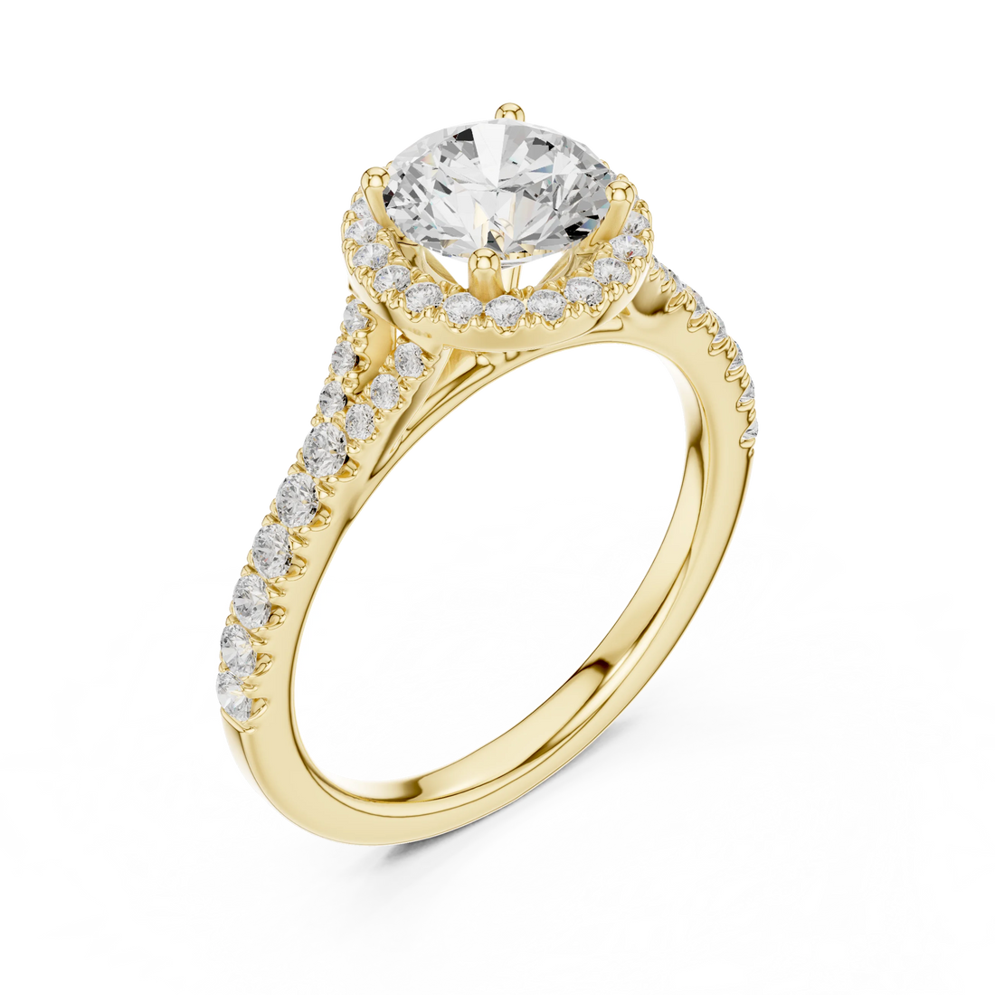 Front view of yellow gold round halo ring with pavé split shank band and center diamond