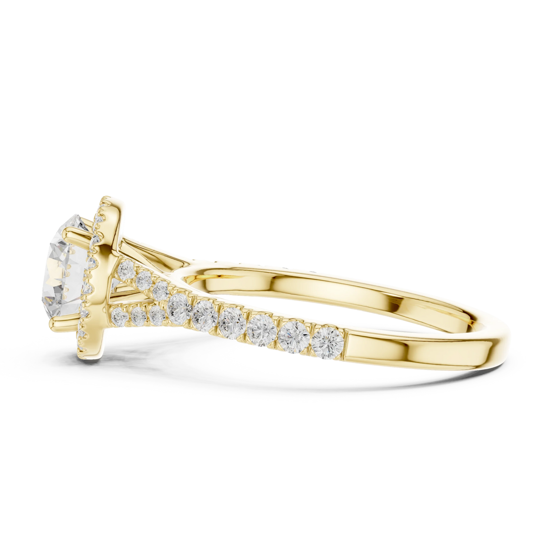 Side view of yellow gold round halo ring with pavé split shank band and halo setting