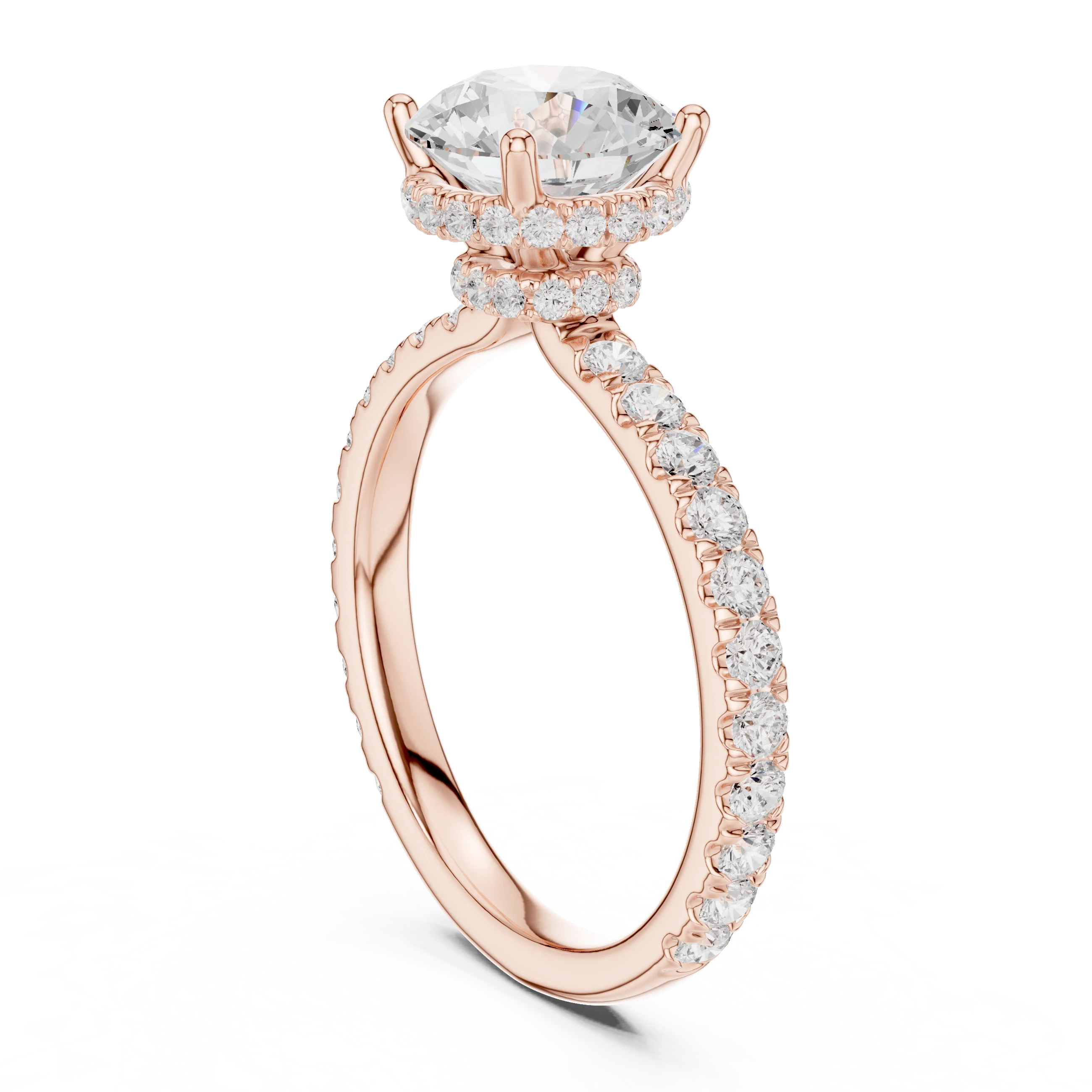 Back view of rose gold round hidden halo ring with pave diamond band and lab-grown diamond – Australia