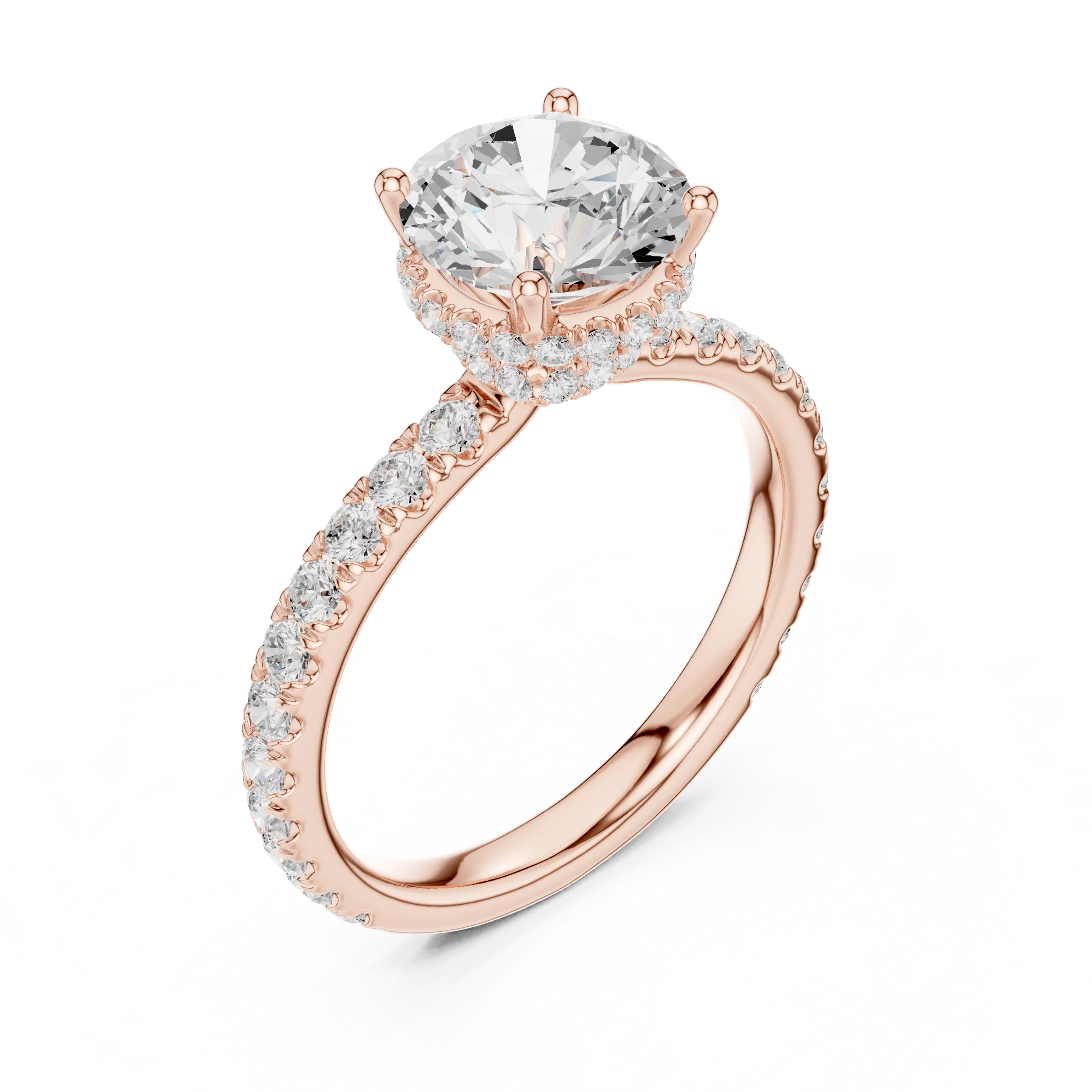 Front view of rose gold round hidden halo ring with pave diamond band and lab-grown diamond – Australia
