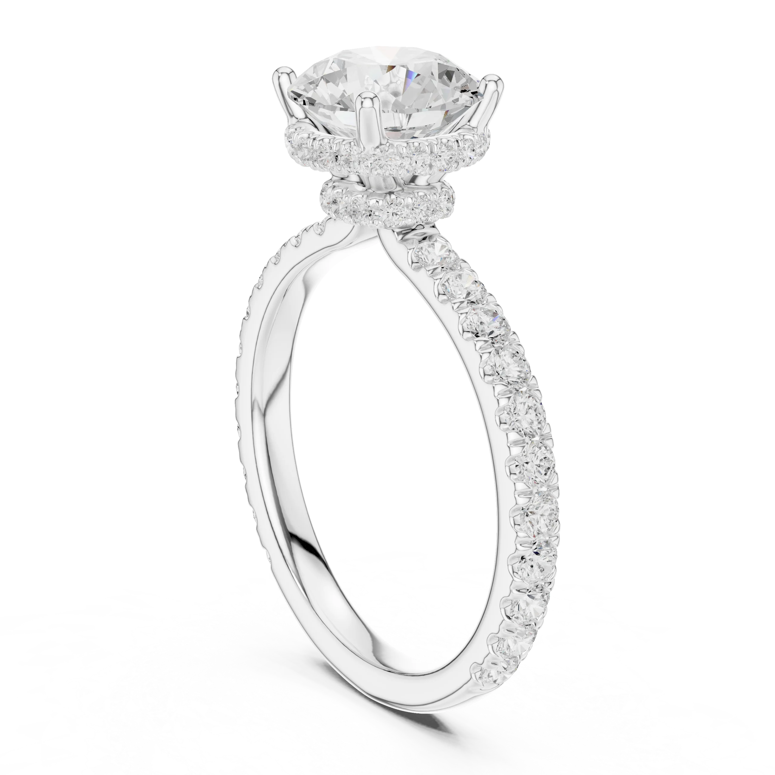 Back view of white gold round hidden halo ring with pave diamond band and lab-grown diamond – Australia