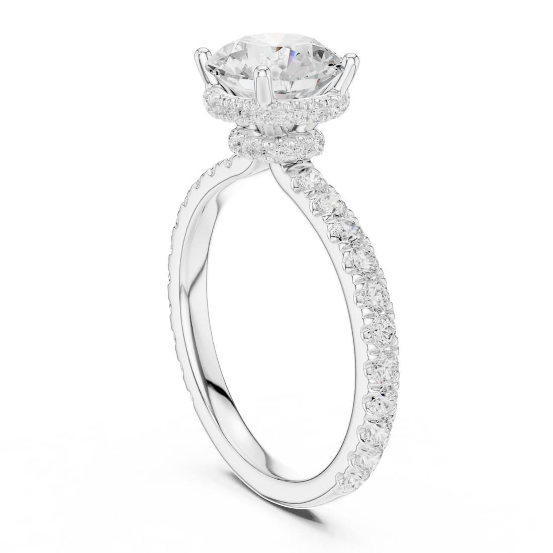 Back view of white gold round hidden halo ring with pave diamond band and lab-grown diamond – Australia