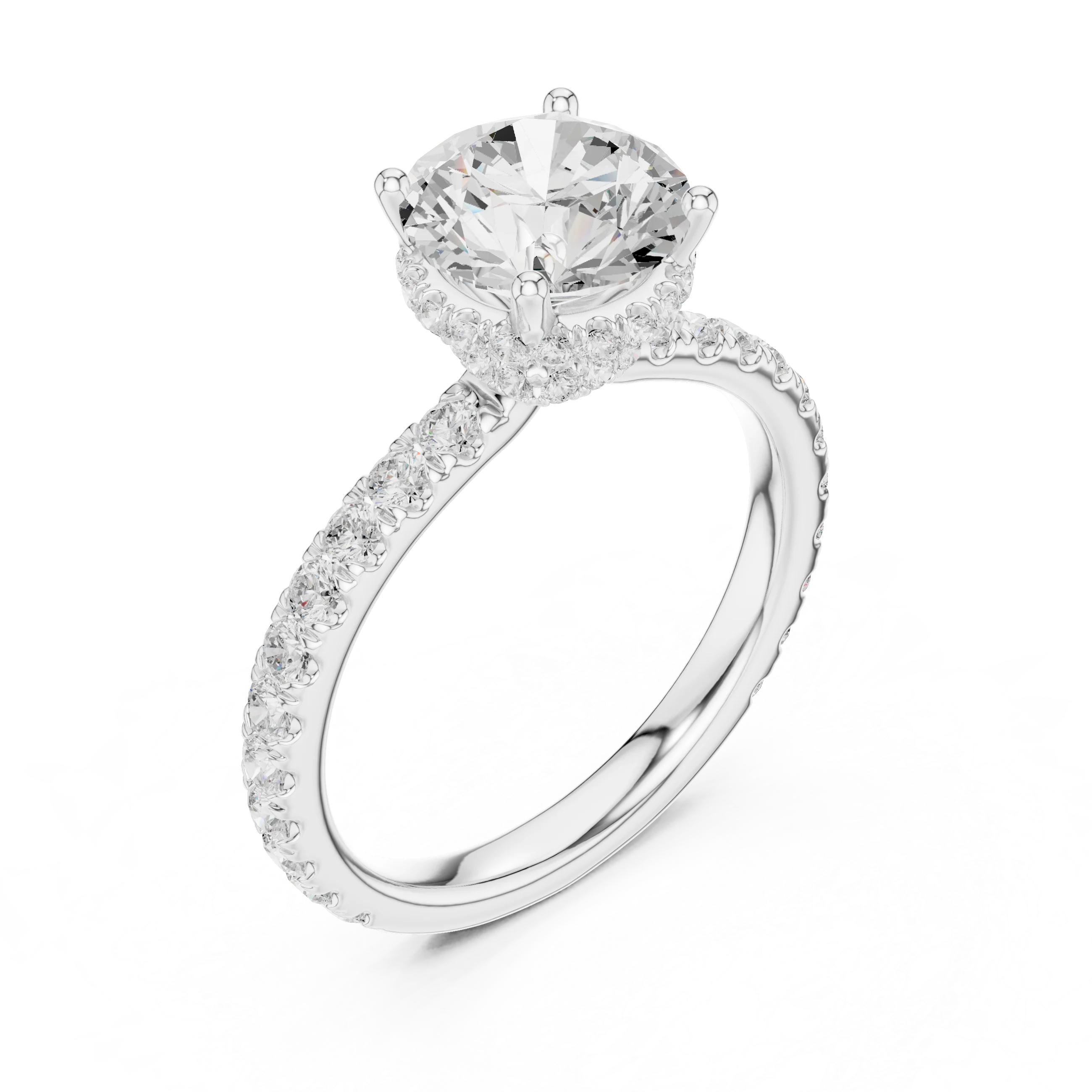 Front view of white gold round hidden halo ring with pave diamond band and lab-grown diamond – Australia