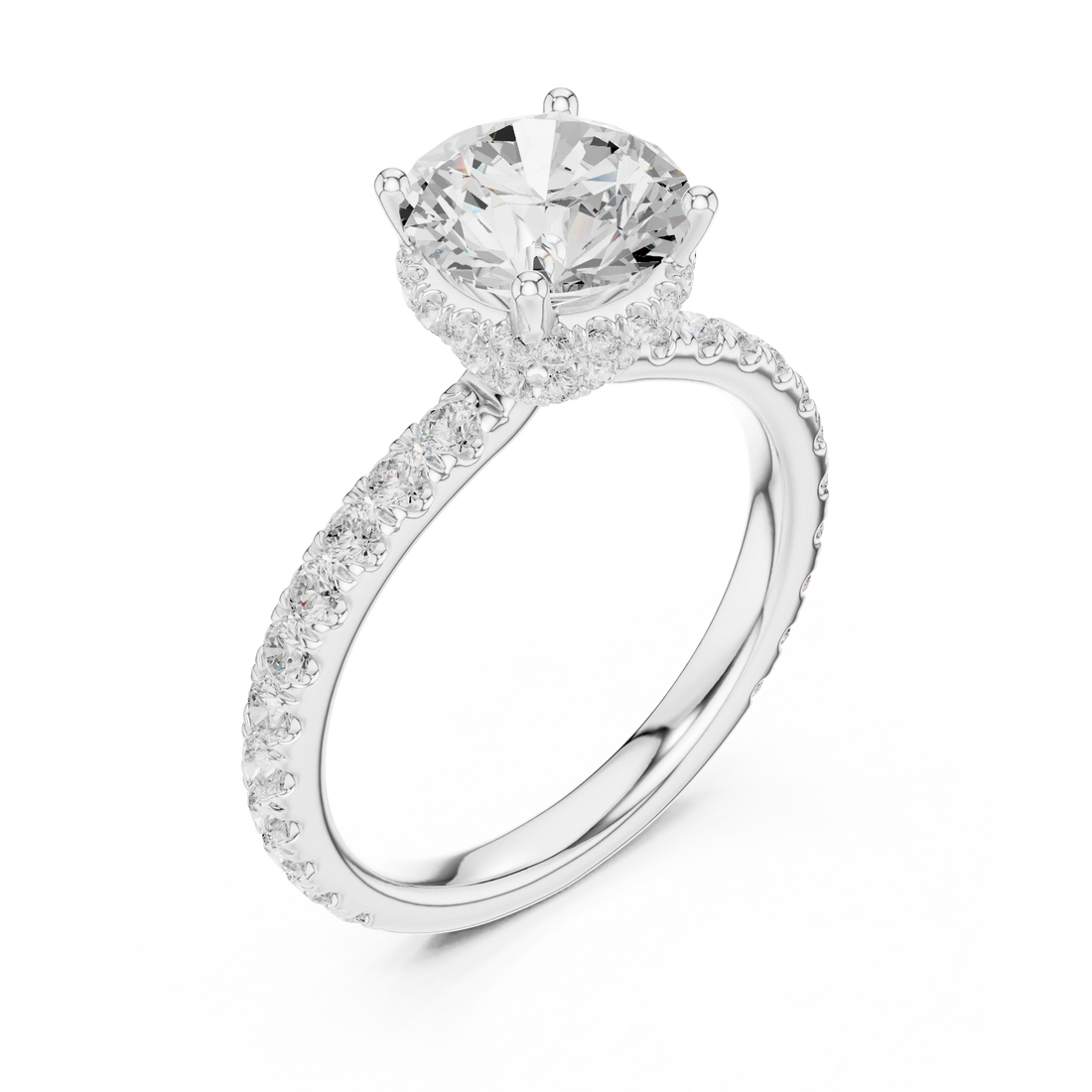 Front view of white gold round hidden halo ring with pave diamond band and lab-grown diamond – Australia
