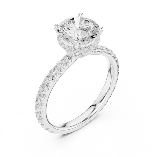Front view of white gold round hidden halo ring with pave diamond band and lab-grown diamond – Australia