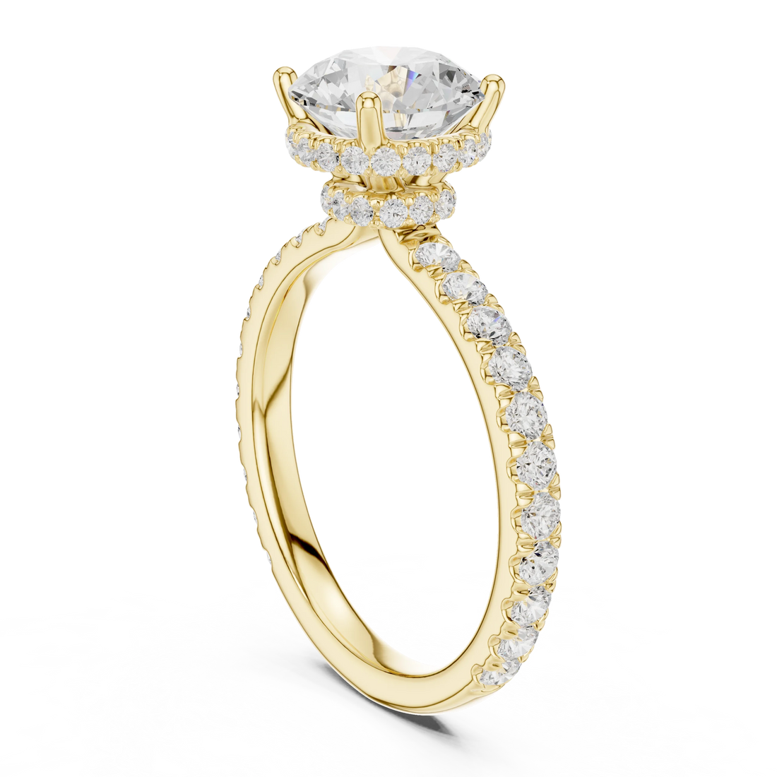 Back view of yellow gold round hidden halo ring with pave diamond band and lab-grown diamond – Australia