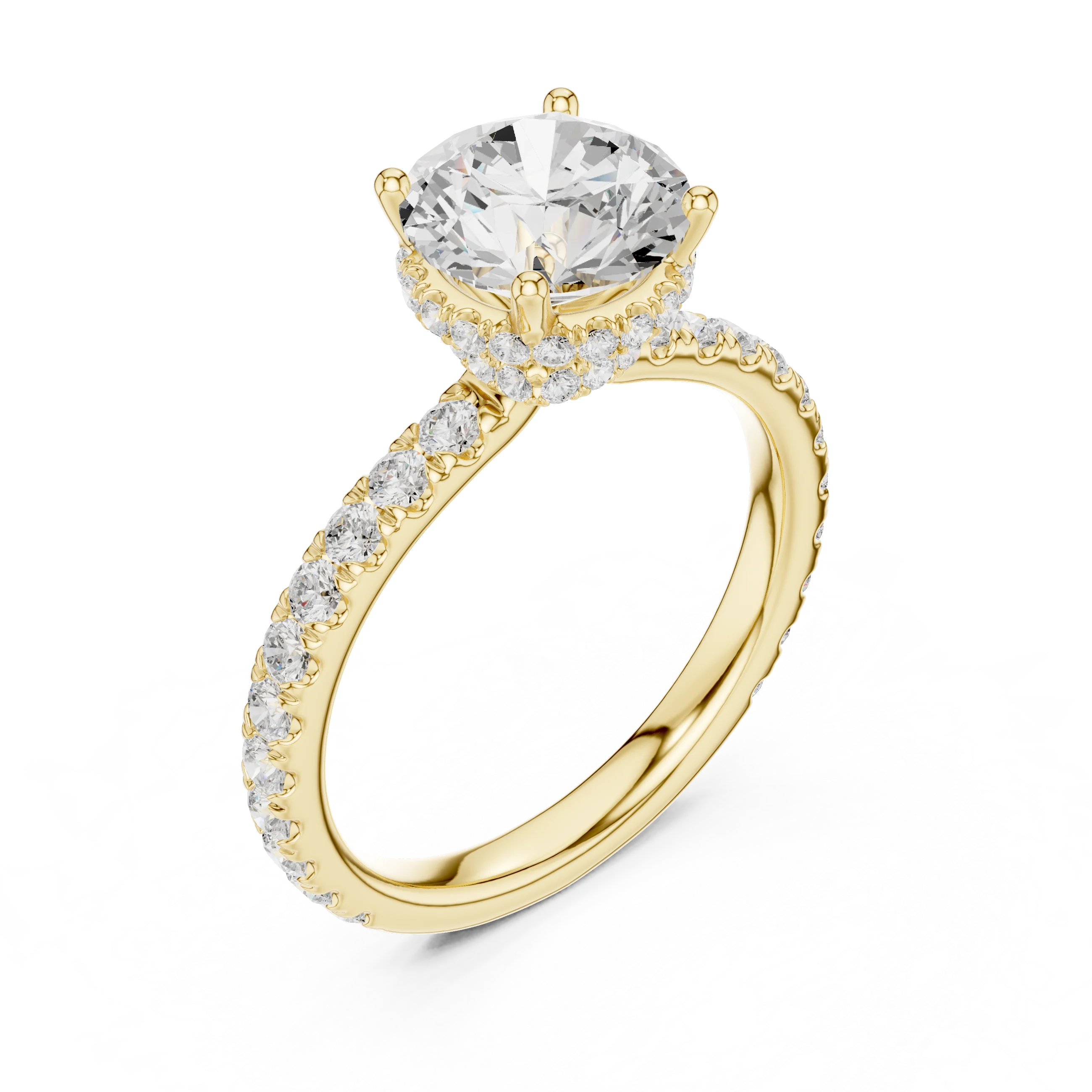 Front view of yellow gold round hidden halo ring with pave diamond band and lab-grown diamond – Australia