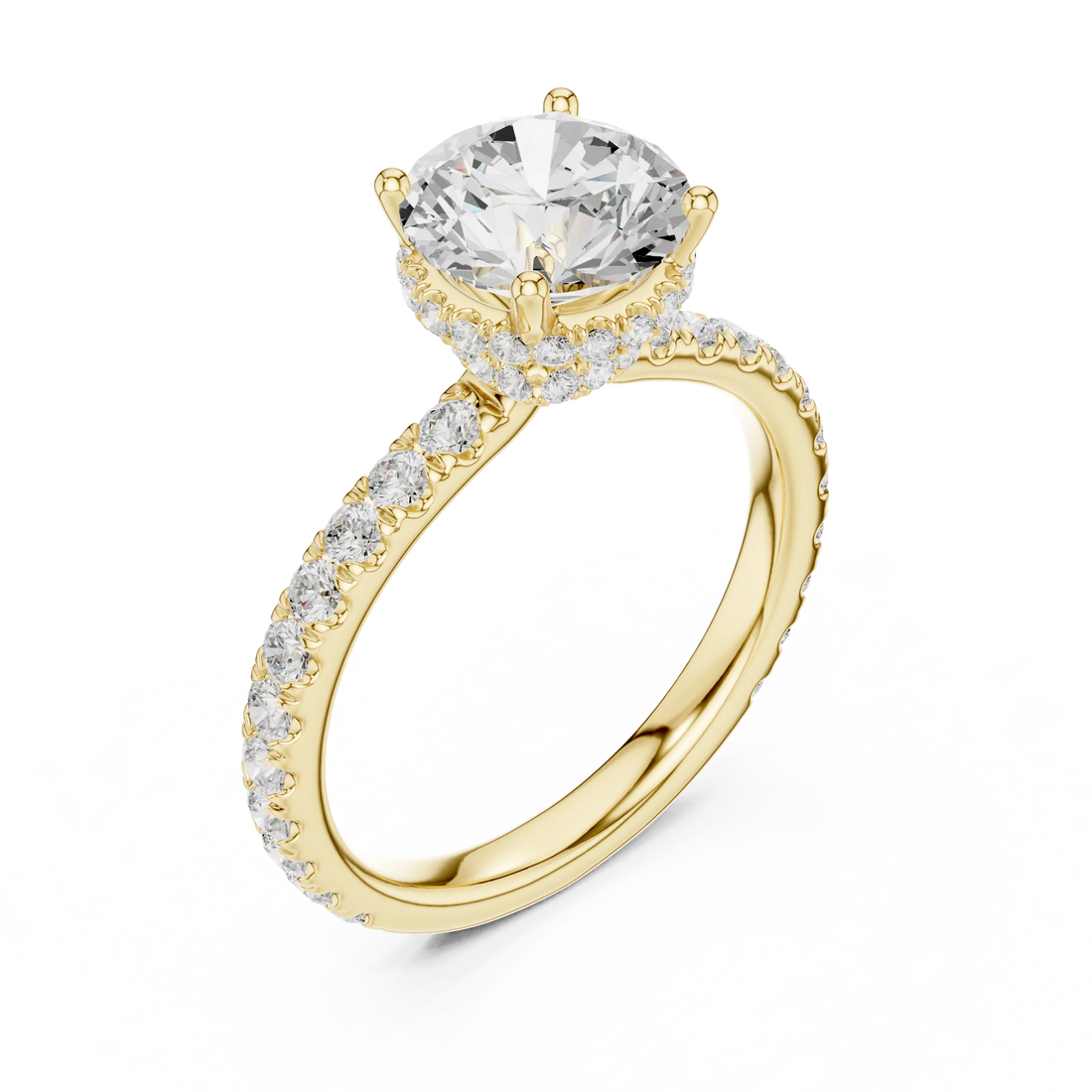 Front view of yellow gold round hidden halo ring with pave diamond band and lab-grown diamond – Australia