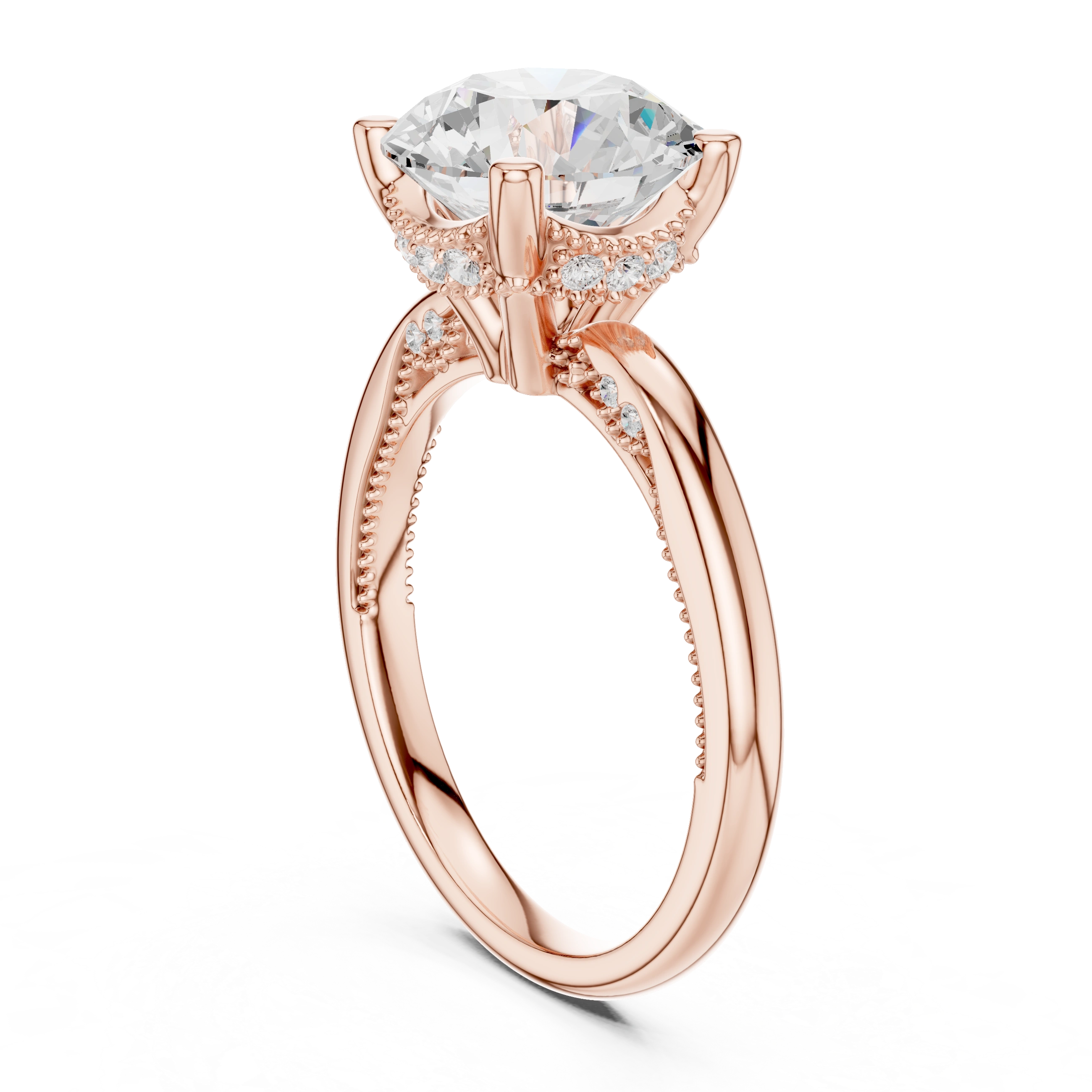 Back view of rose gold round cut solitaire ring showing hidden halo and domed band structure