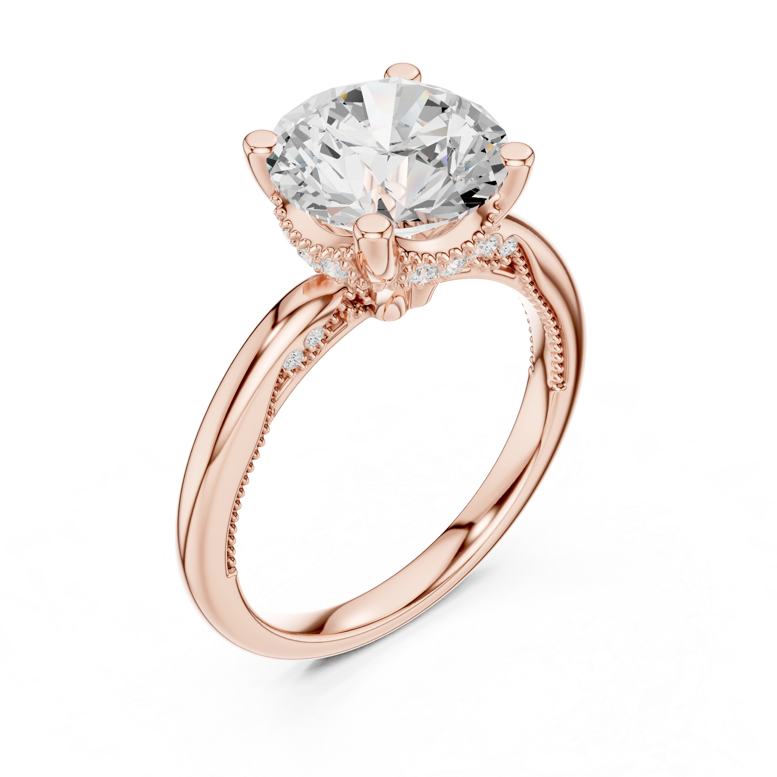 Front view of rose gold round cut solitaire ring with hidden halo and domed band and lab-created diamond