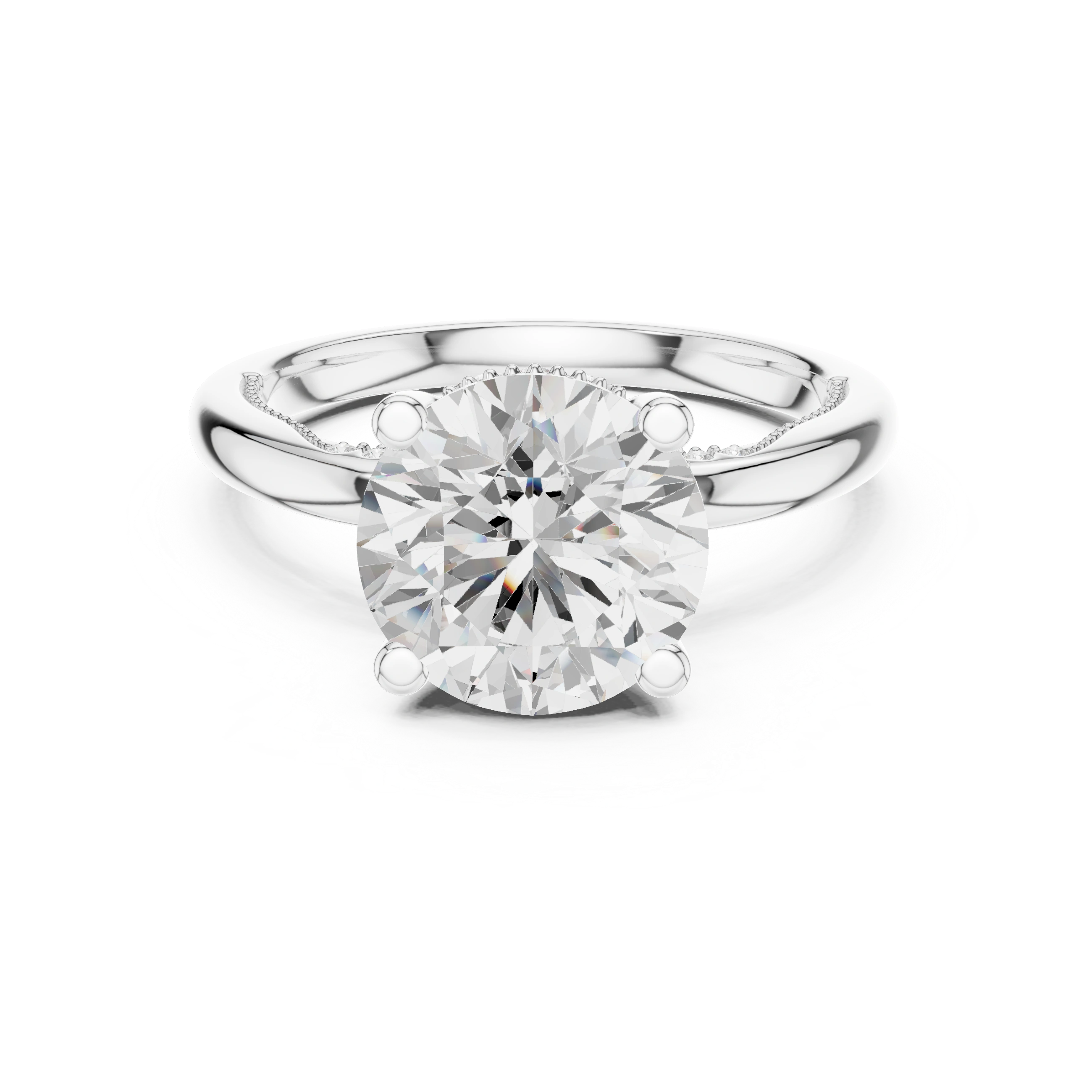 White gold round cut solitaire ring with hidden halo and domed band featuring lab-grown diamond, classic elegant design