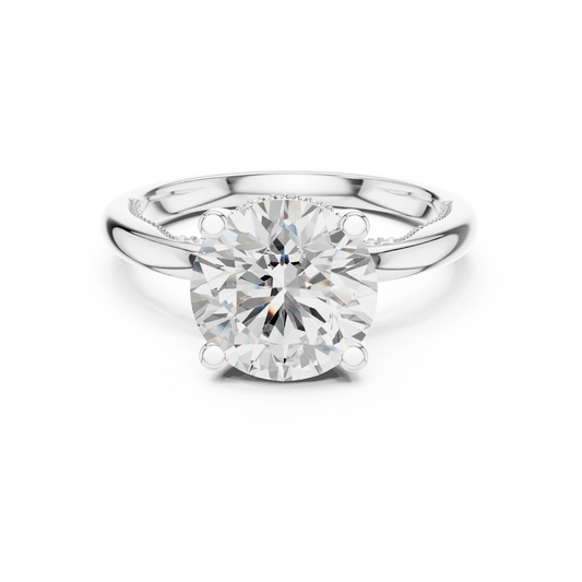 White gold round cut solitaire ring with hidden halo and domed band featuring lab-grown diamond, classic elegant design