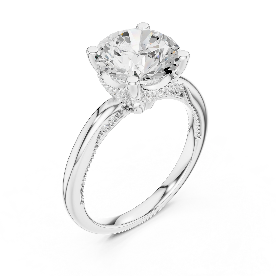 Front view of white gold round cut solitaire ring with hidden halo and domed band and lab-created diamond