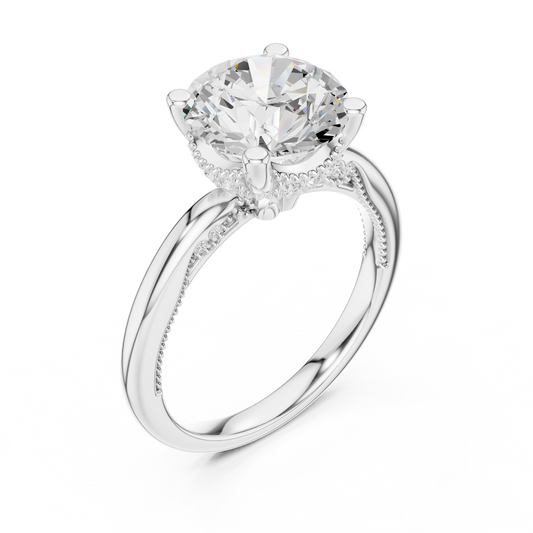 Front view of white gold round cut solitaire ring with hidden halo and domed band and lab-created diamond