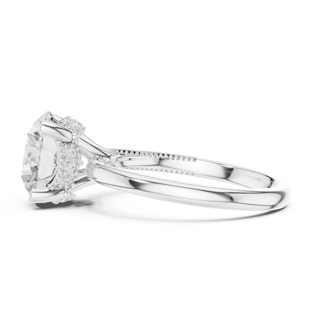 Side view of white gold round cut solitaire ring highlighting hidden halo and domed band design