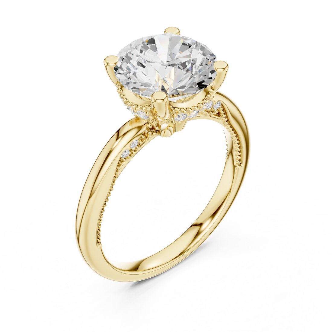 Front view of yellow gold round cut solitaire ring with hidden halo and domed band and lab-created diamond