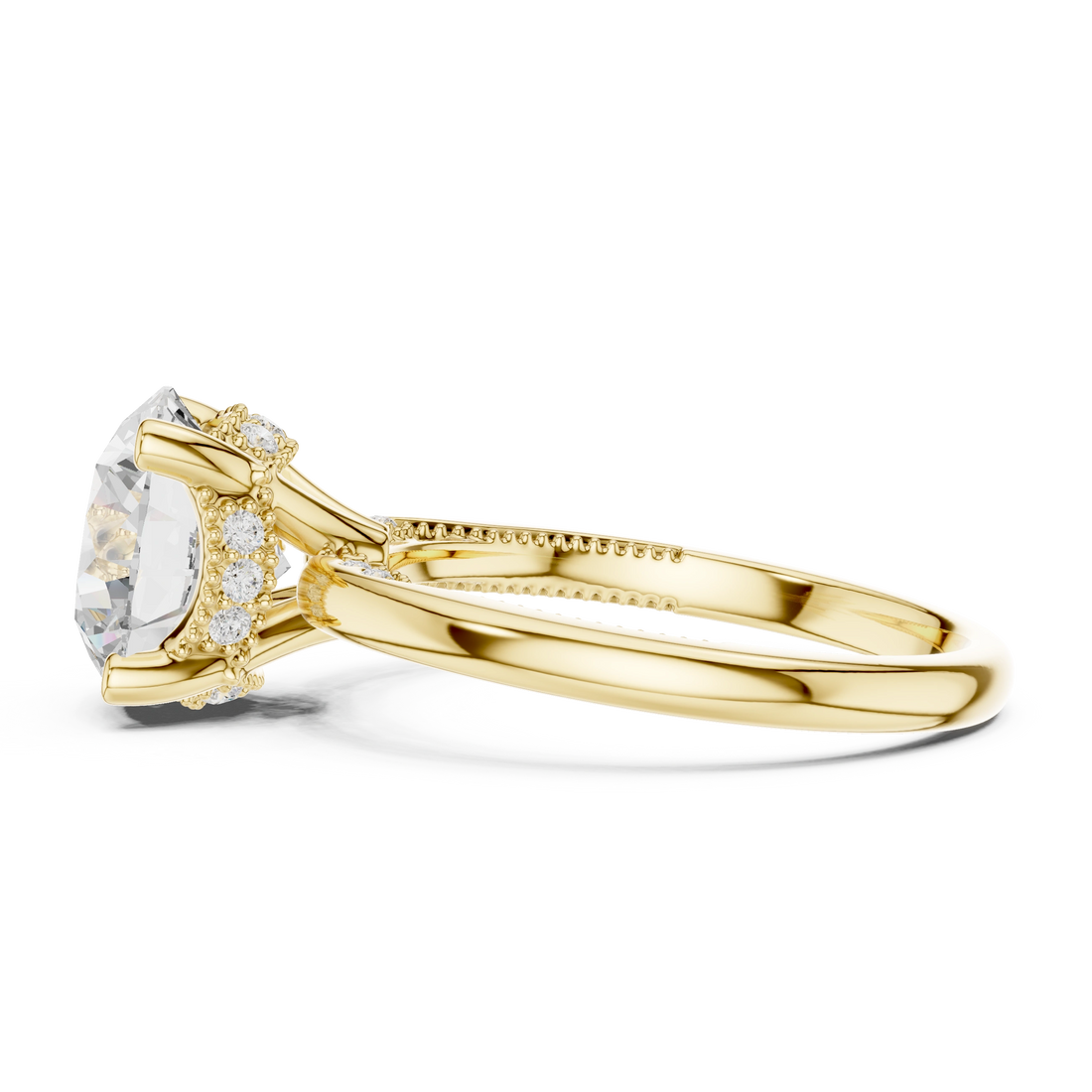 Side view of yellow gold round cut solitaire ring highlighting hidden halo and domed band design