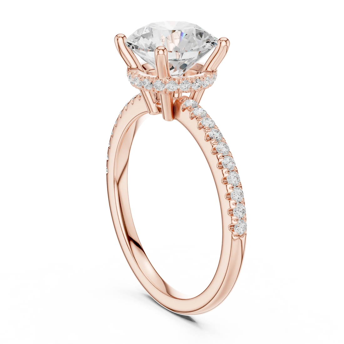 Back side view of rose gold round solitaire ring with thin pave band and lab-grown diamond – Australia