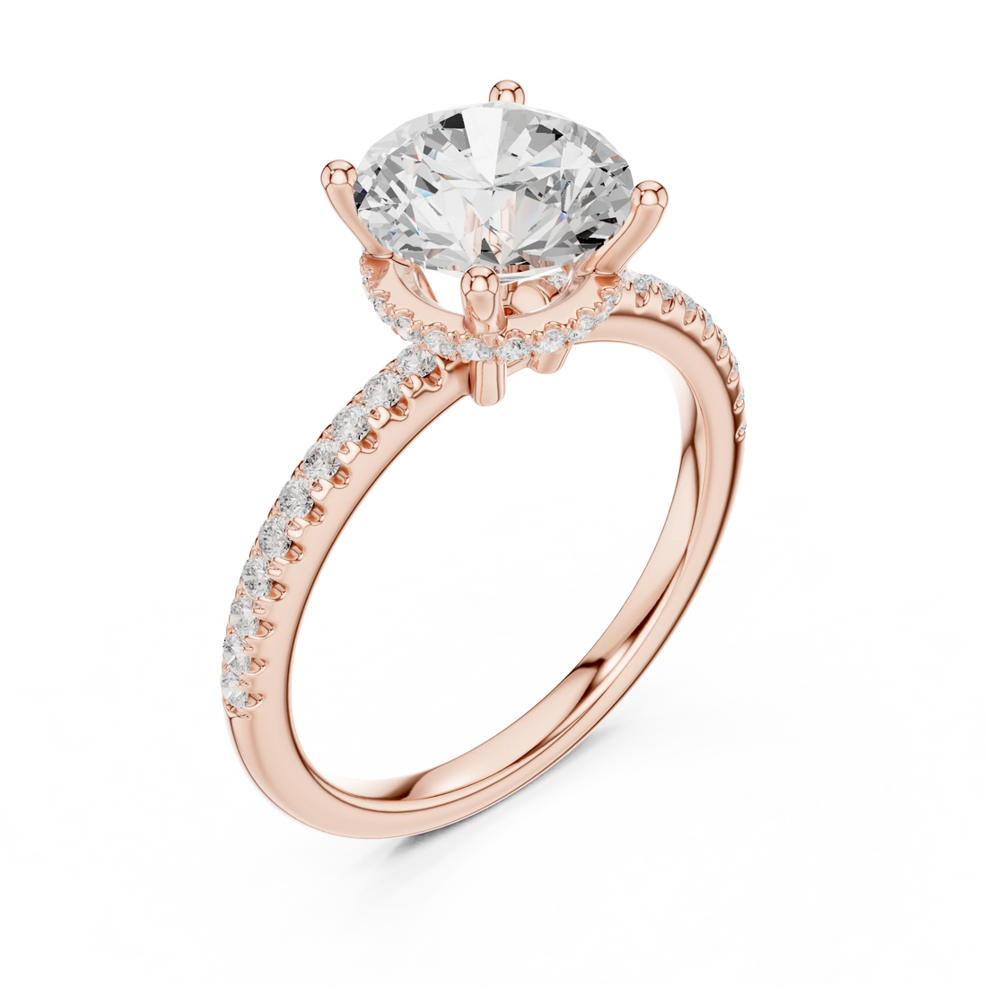 Front view of rose gold round solitaire ring with thin pave band and lab-grown diamond – Australia